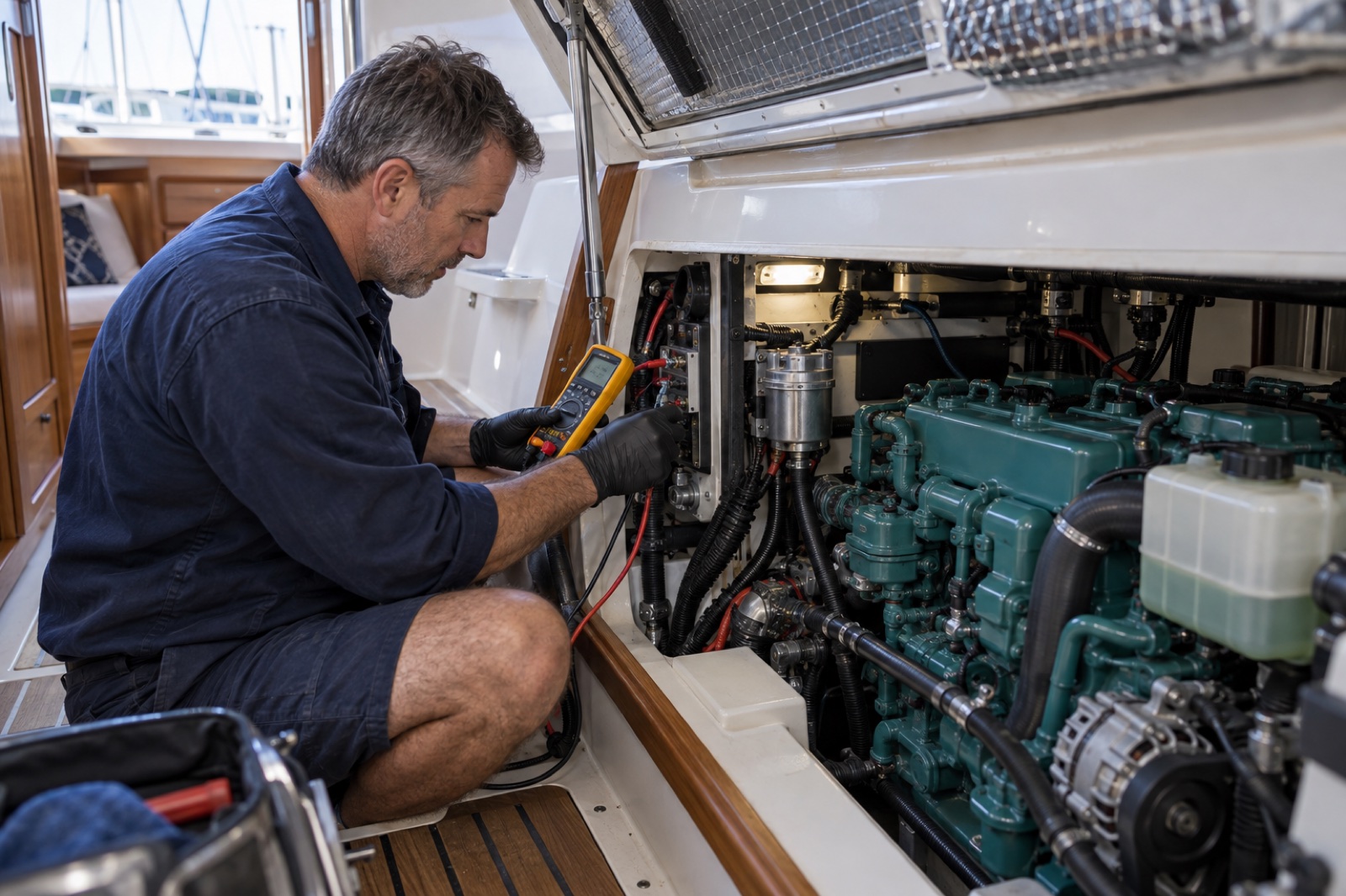 Marine technician checking an installed diesel engine during fault diagnosis