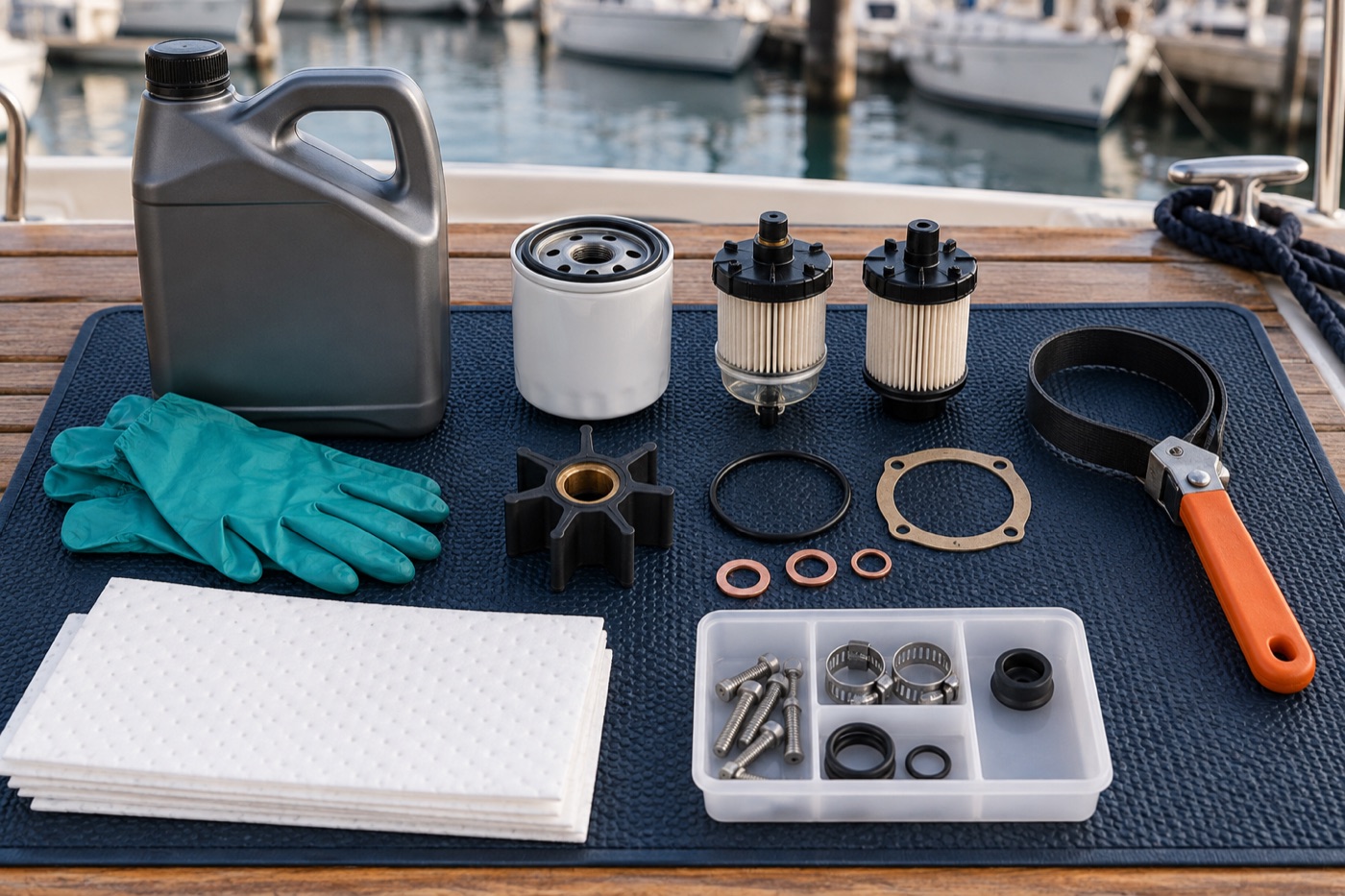 Marine diesel annual-service parts and tools arranged on a work mat