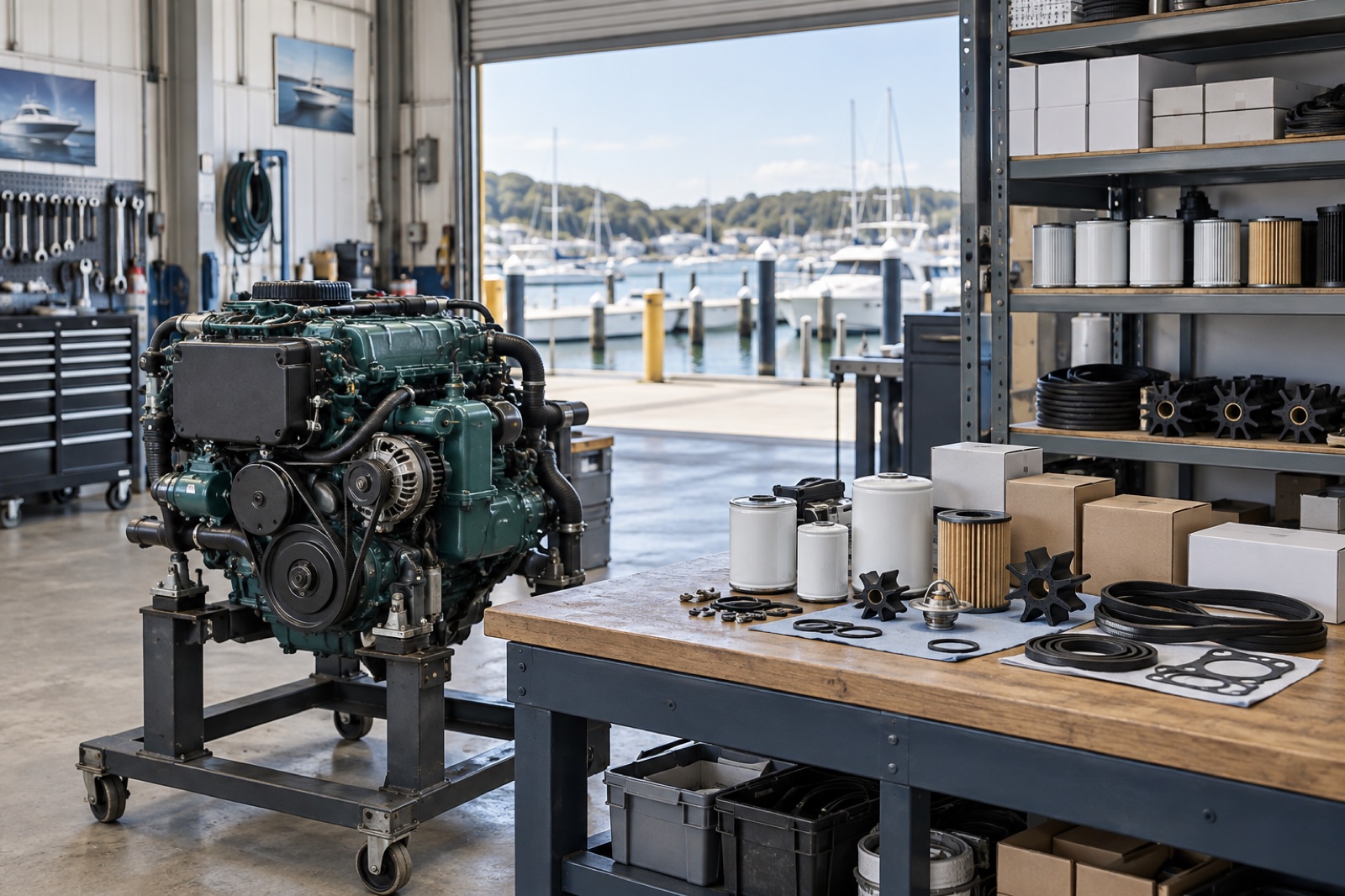 Marine diesel engine on a stand beside organised filters, impellers and belts in a marina workshop