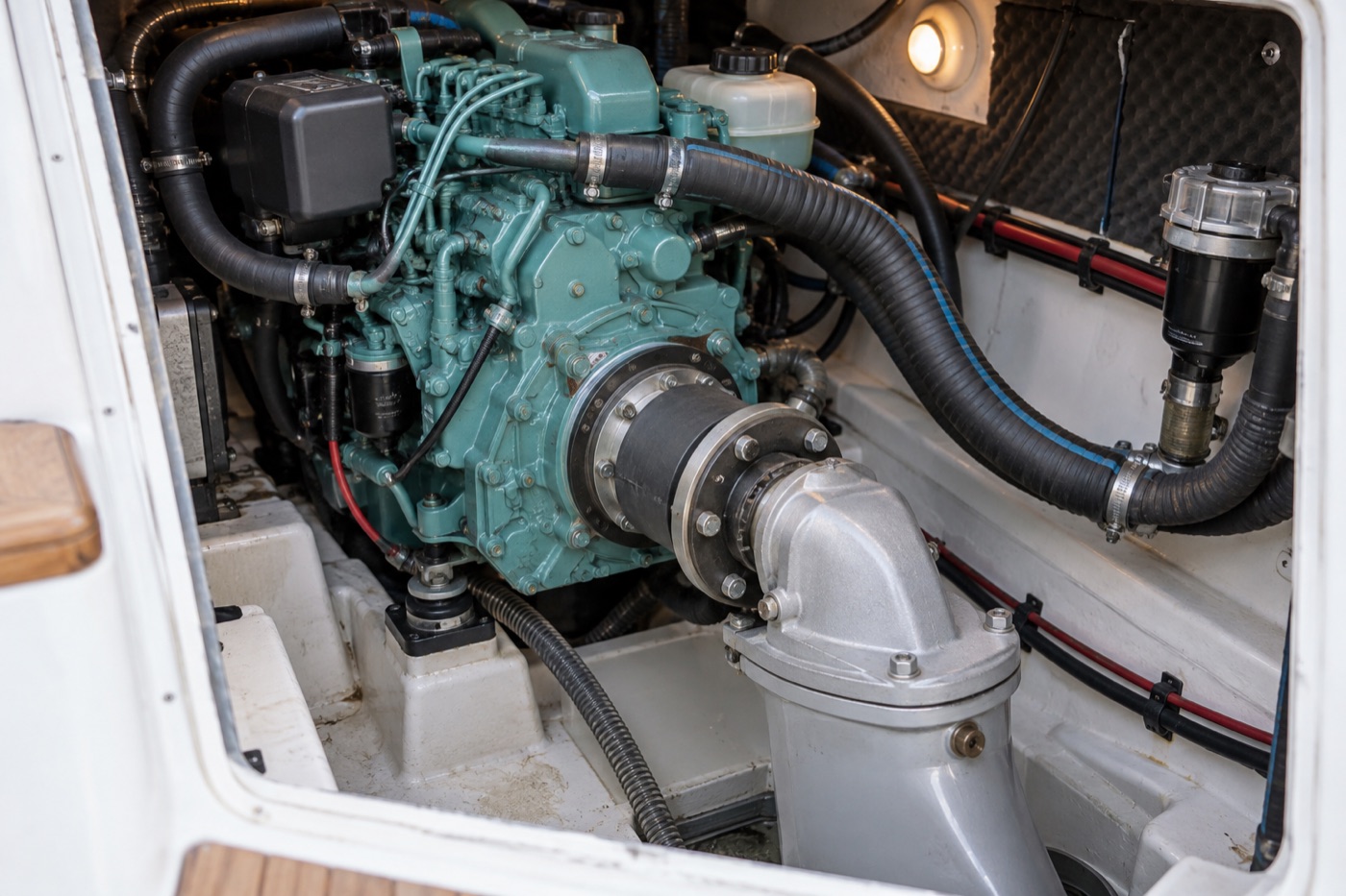 Compact marine diesel and drivetrain in a yacht engine room
