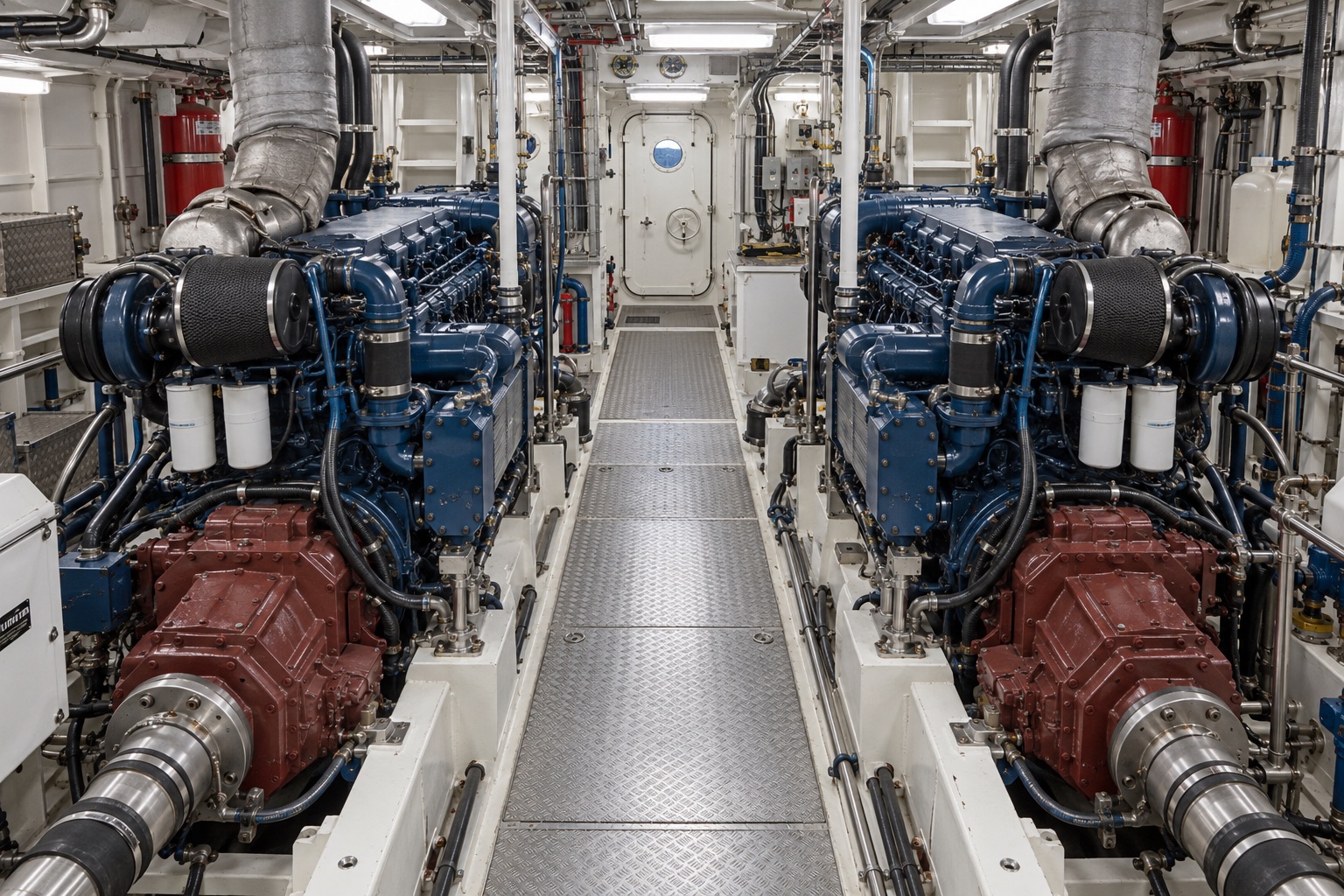 Twin unbranded commercial marine diesel engines installed beside a central service walkway in a workboat engine room