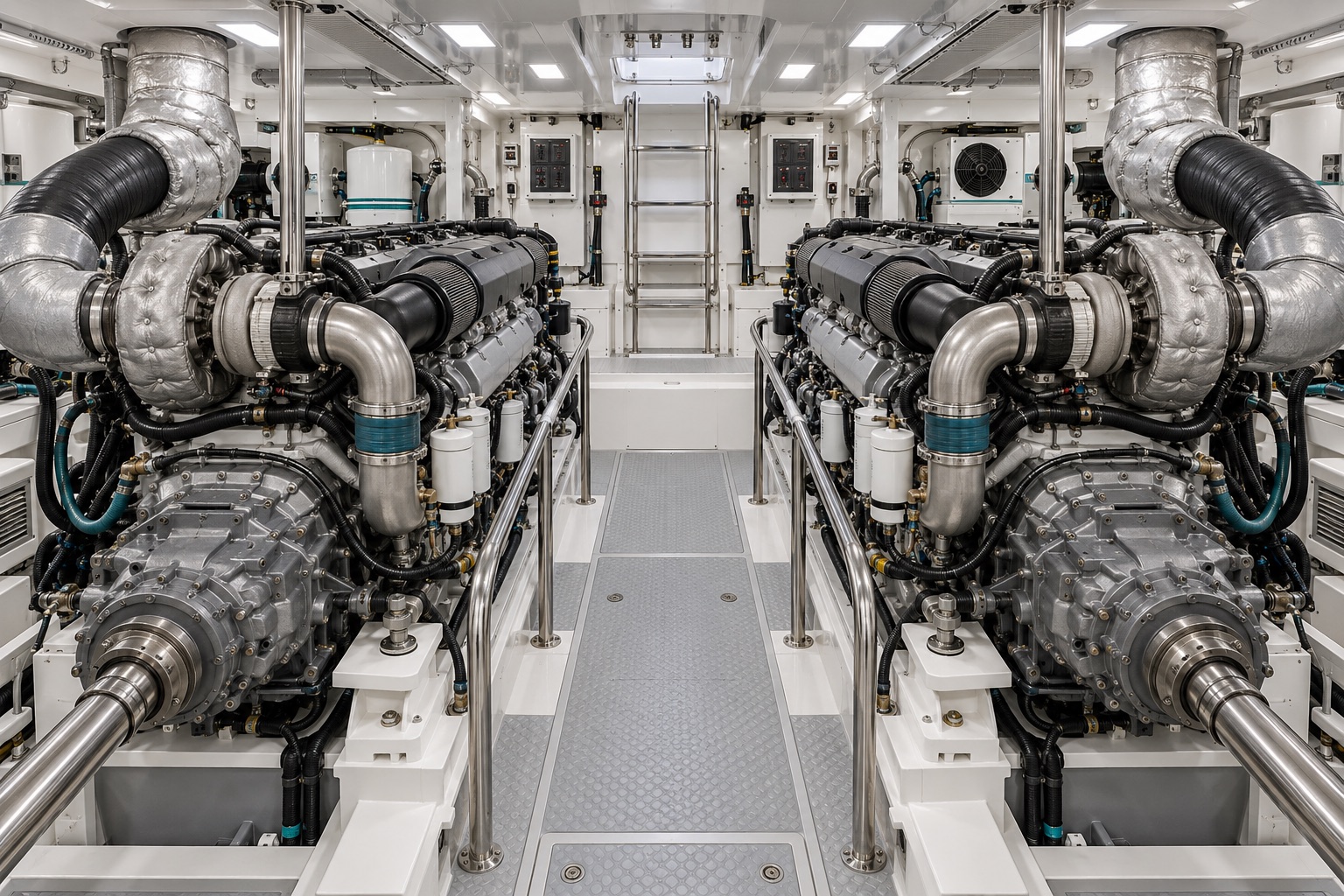 Twin unbranded high-output marine diesel engines installed symmetrically in a large motor yacht engine room