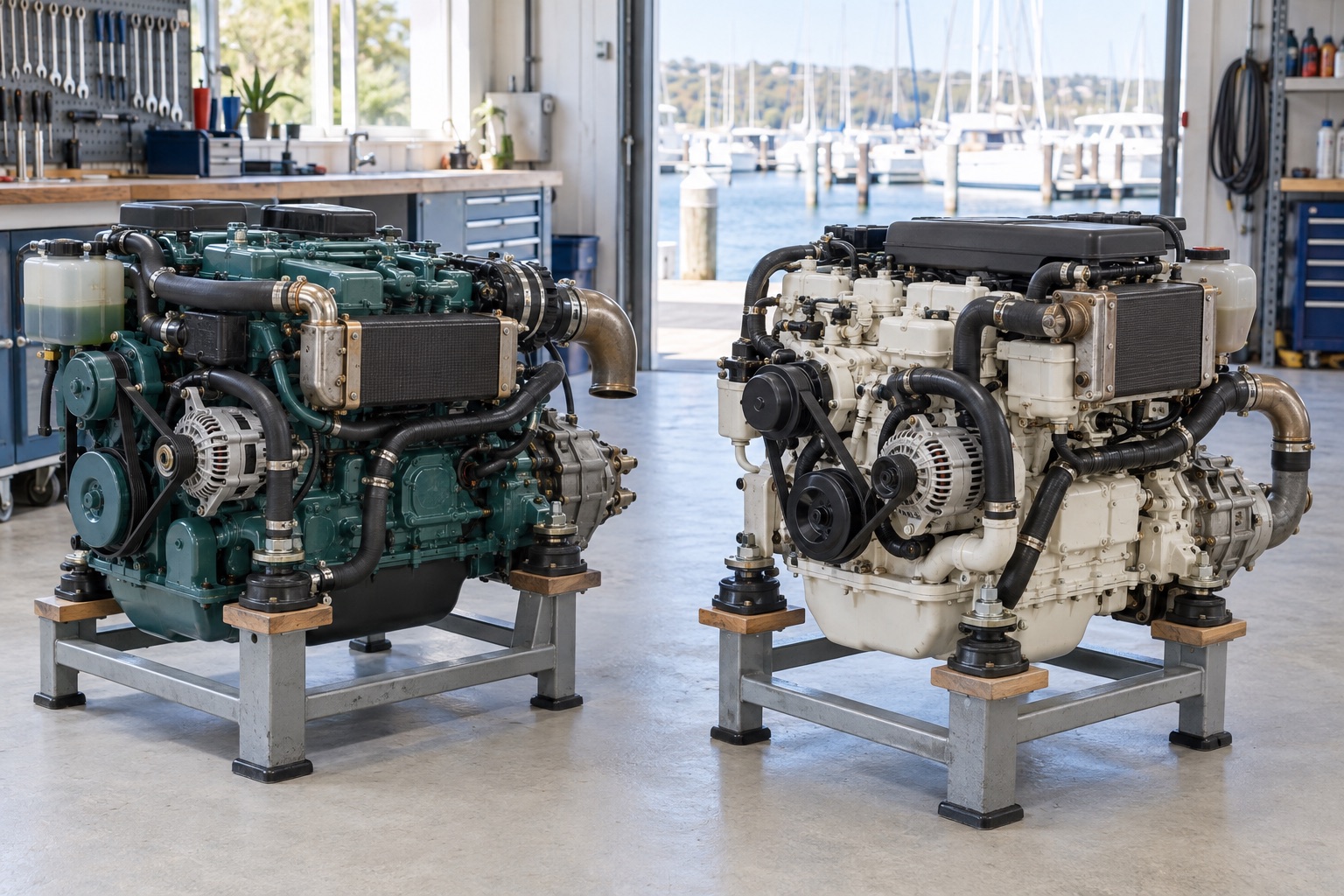Two compact unbranded marine diesel yacht auxiliary engines displayed side by side in a marina workshop