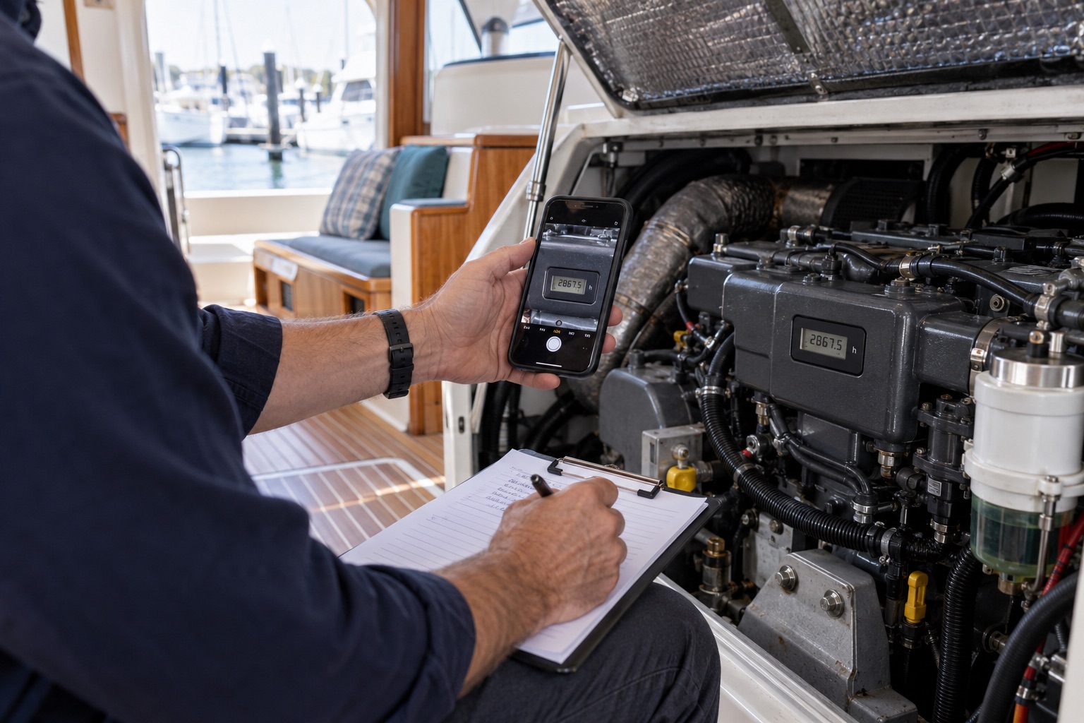 Boat owner documenting marine engine alarm and operating evidence