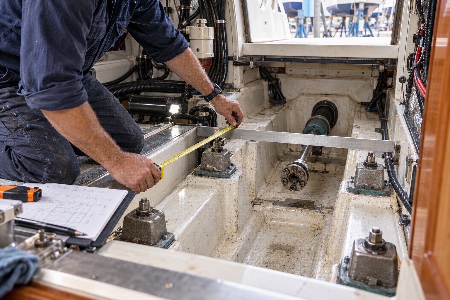 Marine engineer measuring an engine bay and recording mount and shaft dimensions for a repower.