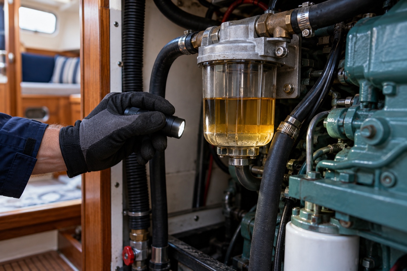 Marine mechanic inspecting a yacht fuel-water separator