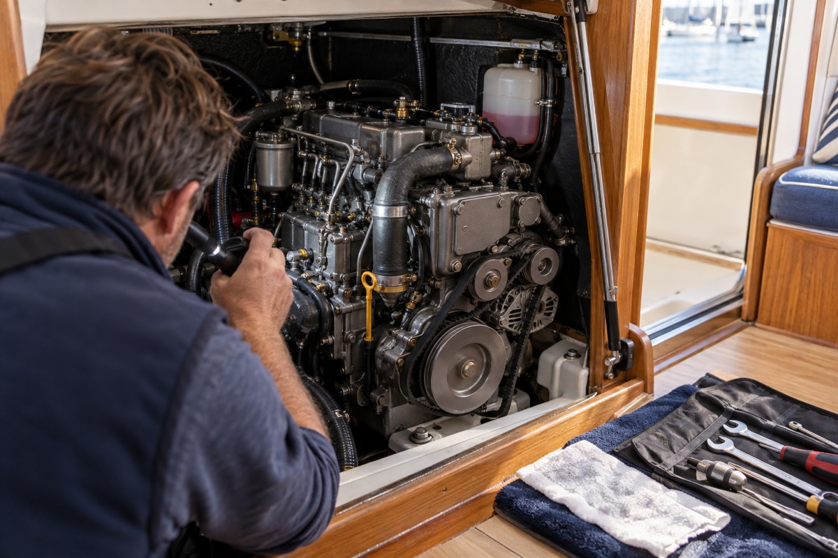 Marine mechanic inspecting an inboard diesel engine aboard a yacht